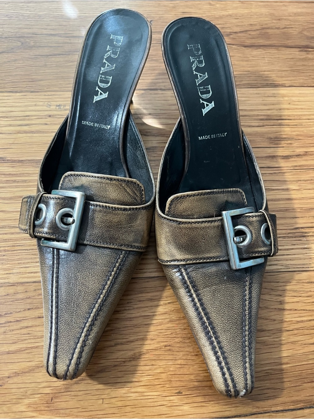 Authentic Vintage Prada Brown Leather Buckle Mule Heels | Size 38.5 Kitten Heel